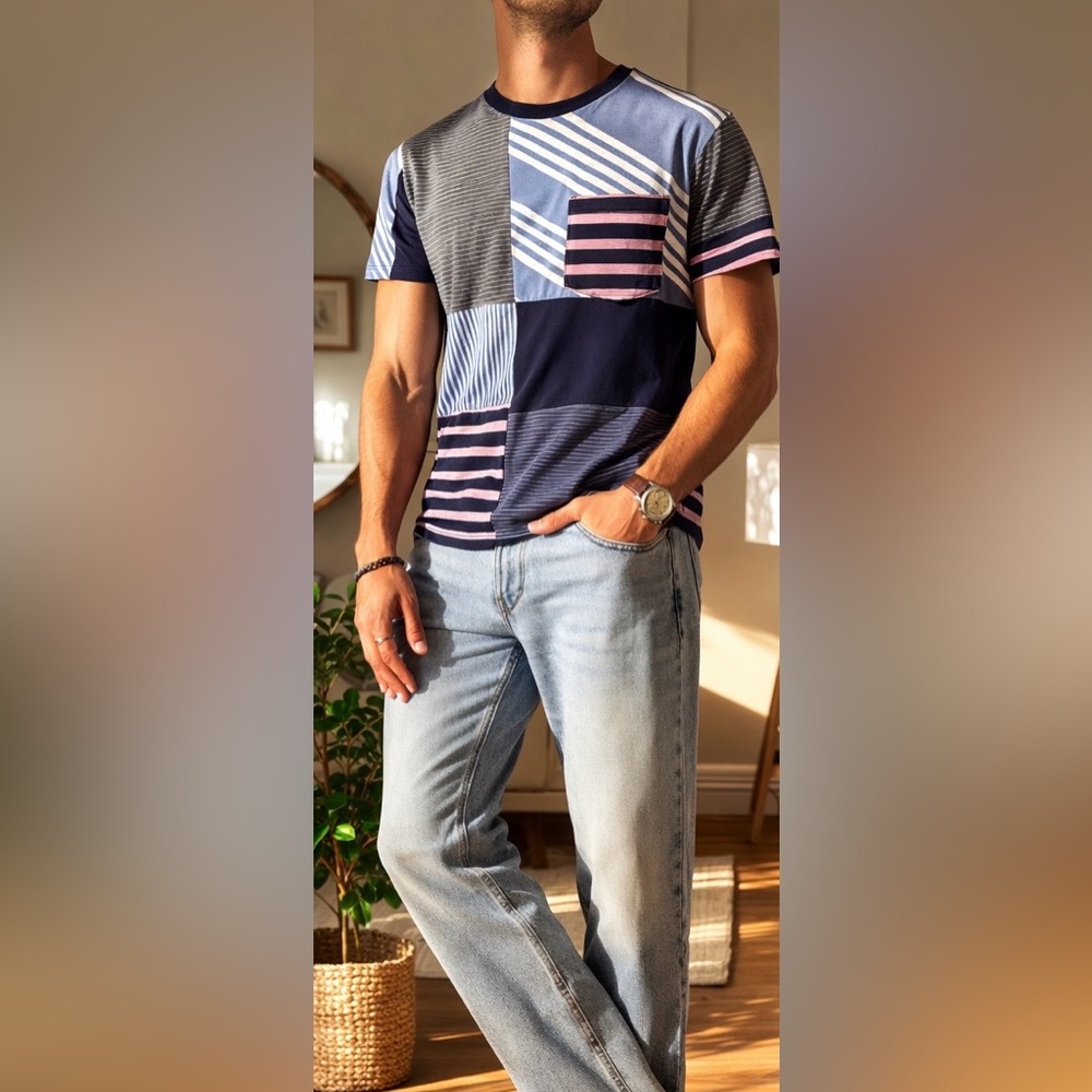 Desigual Patchwork Tee with Blue and white Stripes